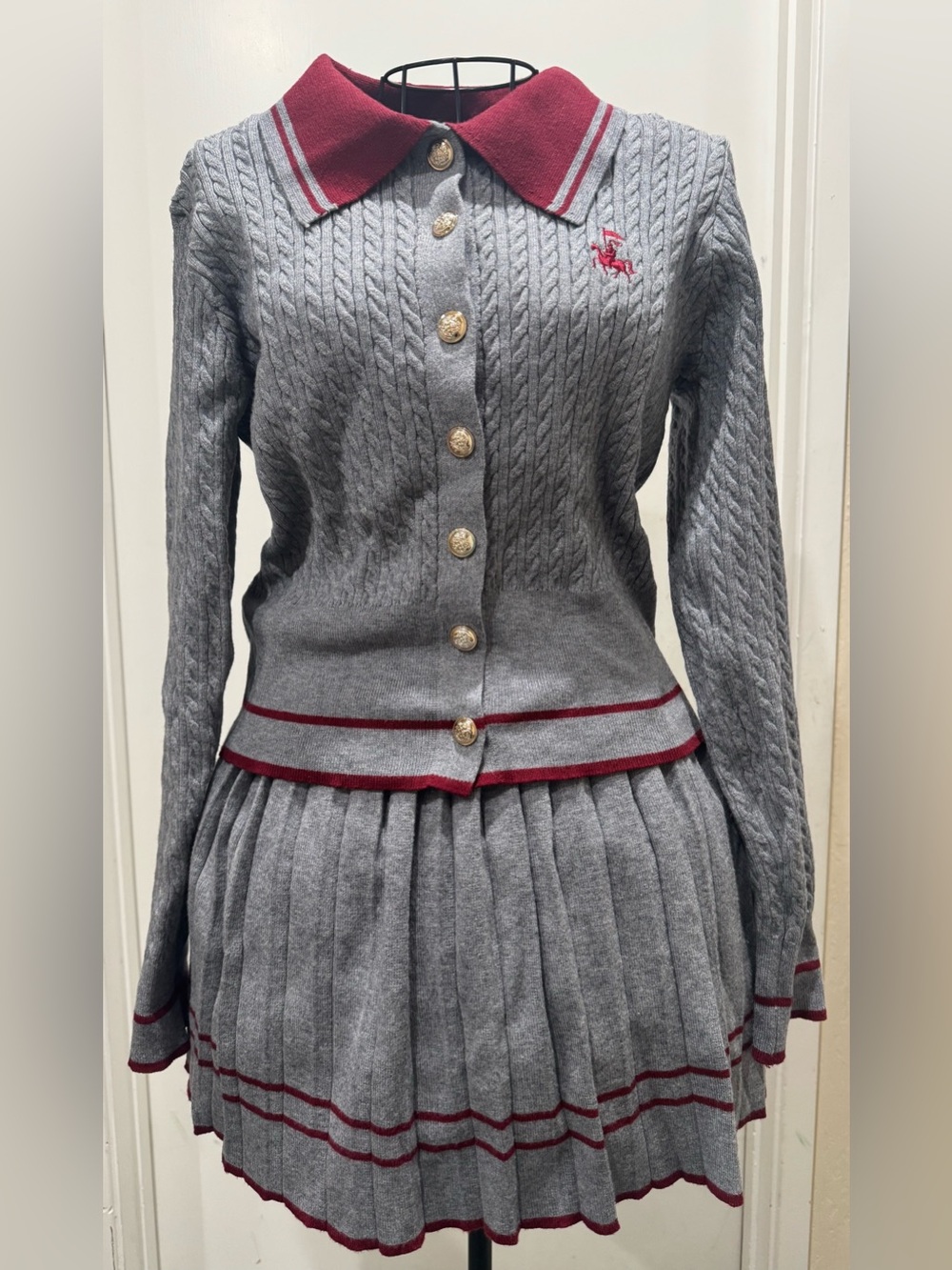 Gray Knit Cardigan & Pleated Skirt Set